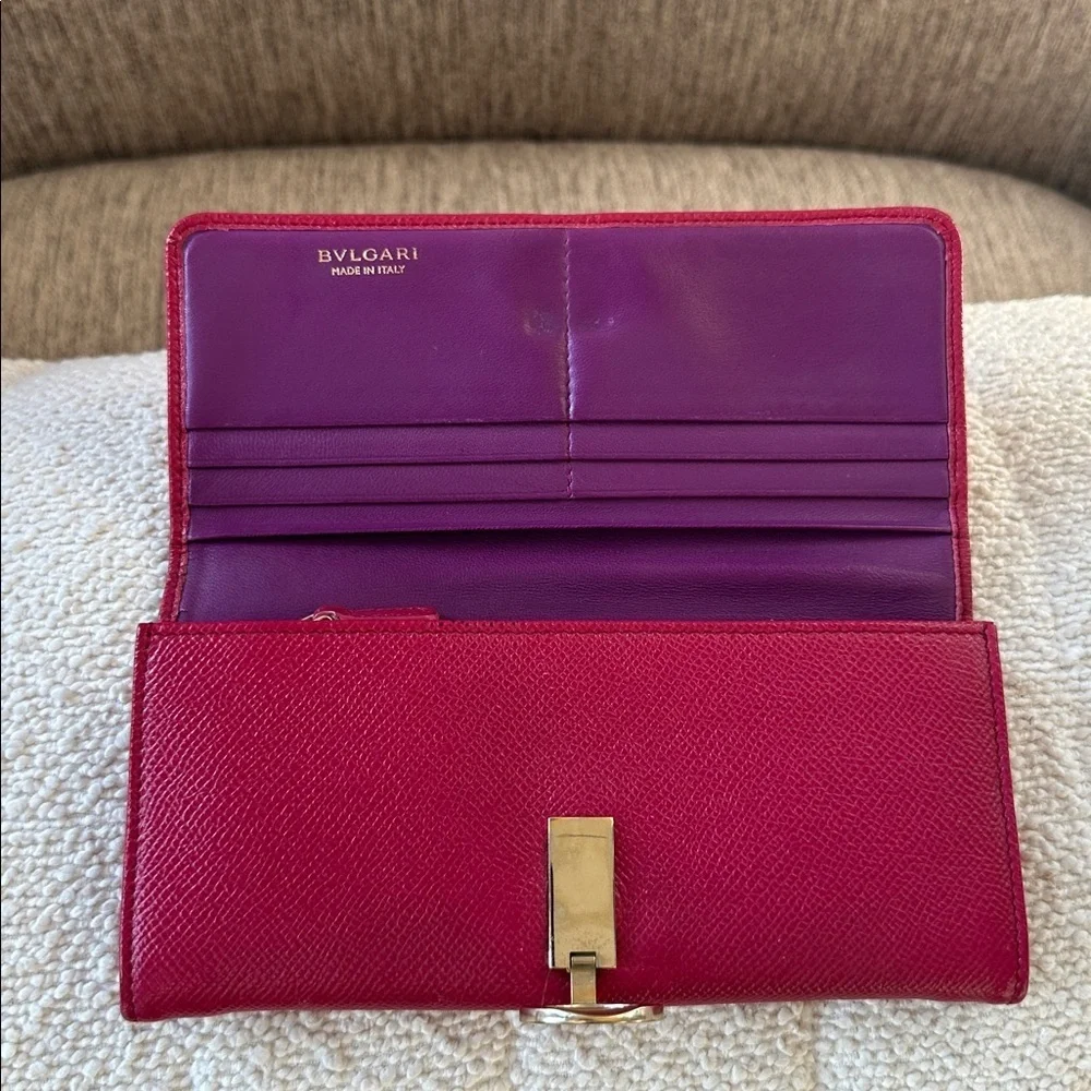 BVLGARI Clip Leather Long Bifold pink with purple interior Wallet.